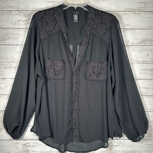 Torrid Semi Sheer Crochet Lace Shoulder Pockets Button Up Collar Black Blouse 2x